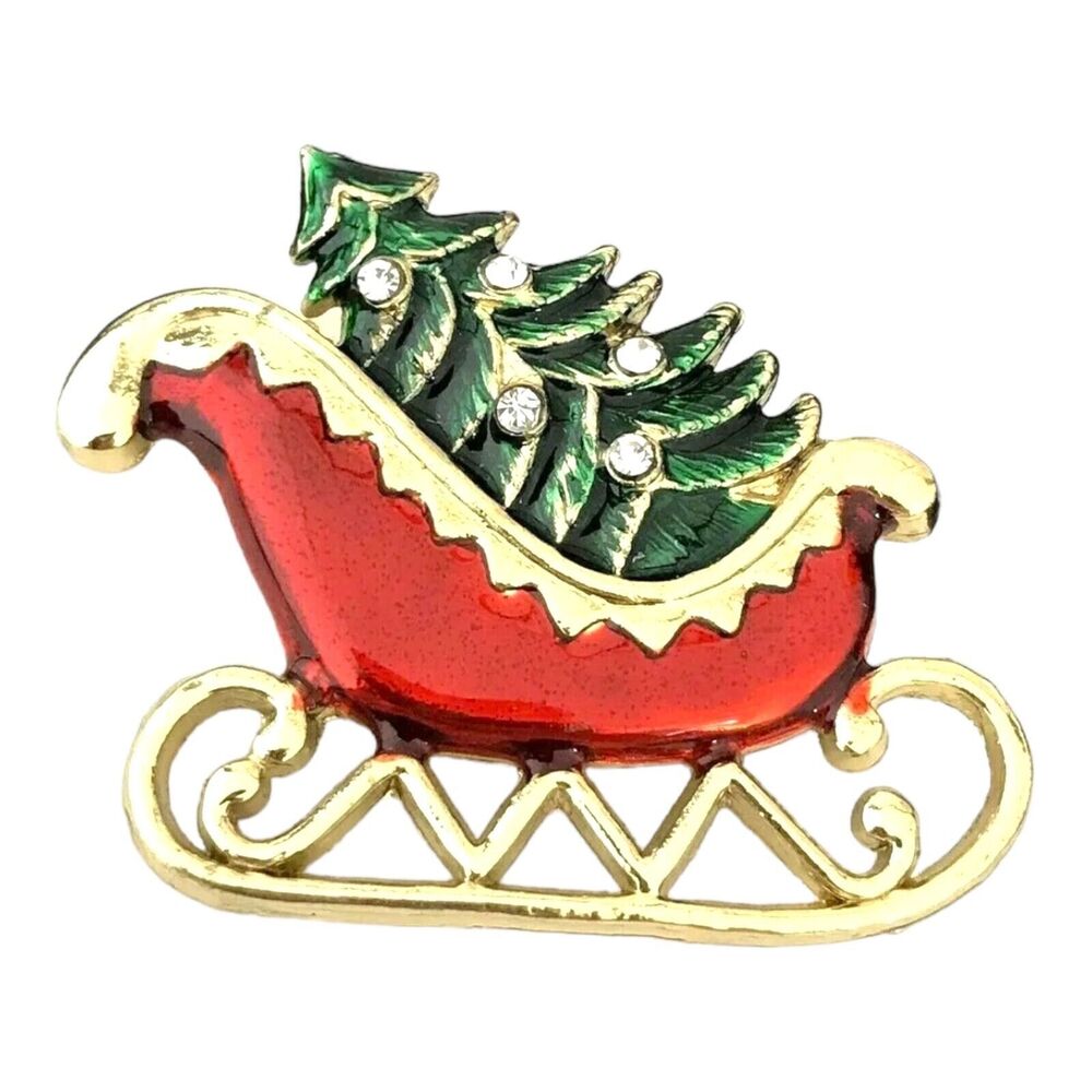 Vintage 1980s Christmas Sleigh Pin Enamel Gold Tone Rhinestone - 1A